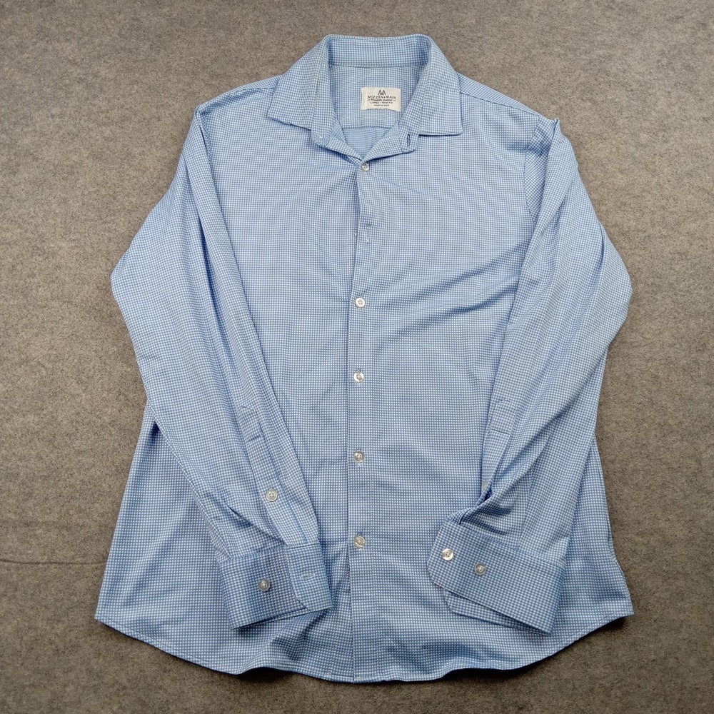 Mizzen+Main Shirt Mens Large Blue Gingham Dress Trim Fit‎ Non Iron Long Sleeve*